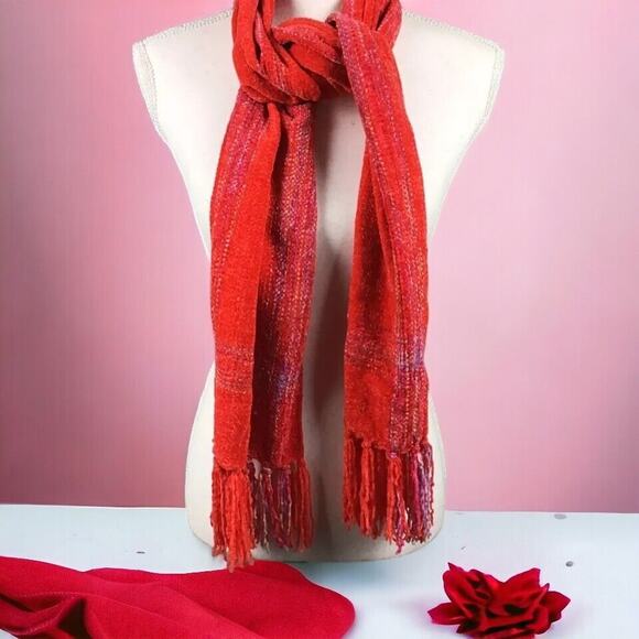 Collection 18 Womens Muffler Scarf Pink Space Dye Border Chenille Striped Fringe - Picture 1 of 12